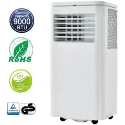 Climatiseur Mobile - 9000 BTU - 2500W 100 M³, Déshumidificateur Avec Fonction D'extraction D'air, Controle Télécommande,minuterie 24 Heures, Classe énergétique A, Blanc