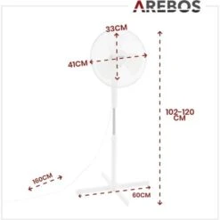 AREBOS Ventilateur Sur Pied 45 Watt Oscillation 80° 3 Niveaux De Vitesse Hauteur Réglable Jusqu'à 122 Cm Silencieux Blanc -Climatiseur Et Ventilateur 12438943 5