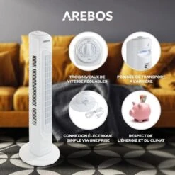 AREBOS Ventilateur Tour 50 Watt Oscillation 60° 3 Niveaux De Vitesse Ventilateur Avec Poignée Blanc Silencieux -Climatiseur Et Ventilateur 16739672 3