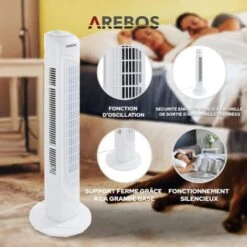 AREBOS Ventilateur Tour 50 Watt Oscillation 60° 3 Niveaux De Vitesse Ventilateur Avec Poignée Blanc Silencieux -Climatiseur Et Ventilateur 16739672 4
