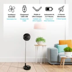 Ventilateur Sur Pied Sans Fil USB - Silencieux 4 Vitesses - Pliable & Télescopique 35 à 100cm - Noir -Climatiseur Et Ventilateur 23629412 3