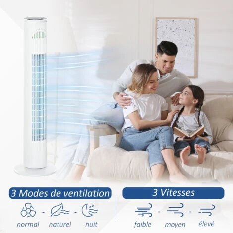 HOMCOM Ventilateur Colonne Tour Oscillant 45 W Silencieux Télécommande Incluse Minuterie 3 Modes 3 Vitesses Blanc 6 HOMCOM Ventilateur Colonne Tour Oscillant 45 W Silencieux Télécommande Incluse Minuterie 3 Modes 3 Vitesses Blanc – Image 4