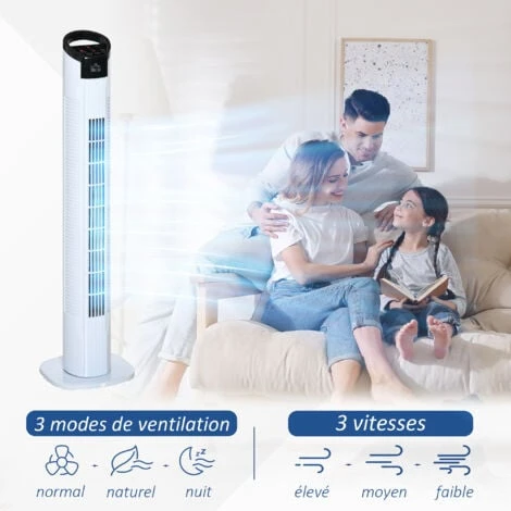 HOMCOM Ventilateur Colonne Tour Oscillant 50 W Silencieux Télécommande Incluse Minuterie 3 Modes 3 Vitesses Blanc Noir 6 HOMCOM Ventilateur Colonne Tour Oscillant 50 W Silencieux Télécommande Incluse Minuterie 3 Modes 3 Vitesses Blanc Noir – Image 4
