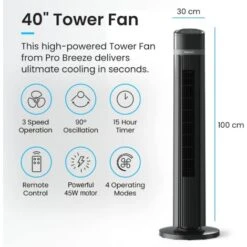 Ventilateur Colonne Oscillante De 100 Cm, Oscillation De 90°, Puissance De 45 Watts, 3 Vitesses, 4 Modes, Télécommande Et Minuterie - Noir Pro Breeze