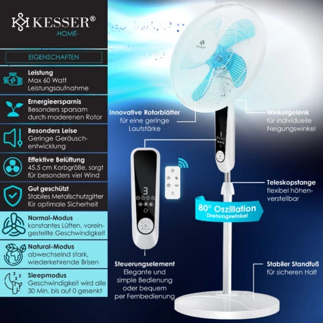 KESSER® Ventilateur Sur Pied Avec Télécommande Et Affichage LED - Minuterie, Oscillation Silencieuse à 80 degrés - 60 Watt - Ventilateur à Hauteur Réglable Entre 115 Et 134 cm - Tête Inclinable à 35 d 4 KESSER® Ventilateur Sur Pied Avec Télécommande Et Affichage LED - Minuterie, Oscillation Silencieuse à 80 degrés - 60 Watt - Ventilateur à Hauteur Réglable Entre 115 Et 134 cm - Tête Inclinable à 35 d – Image 2