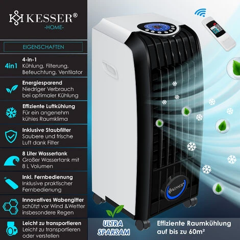KESSER® Climatiseur Mobile 4en1 Télécommande Climatiseur Ventilateur Réservoir 8 L Minuterie 3 Niveaux Ionisateur Humidificateur Refroidisseur D'air , Blanc Noir 5 KESSER® Climatiseur Mobile 4en1 Télécommande Climatiseur Ventilateur Réservoir 8 L Minuterie 3 Niveaux Ionisateur Humidificateur Refroidisseur D'air , Blanc Noir – Image 3