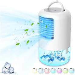 Climatiseur Mobile, Mini Refroidisseur D'Air Personal, 4 En 1 Climatiseur Portable 3 Vitesses De Vent Et 7 Couleurs De LED, Humidificateur, Ventilateur Pour Maison/Bureau (