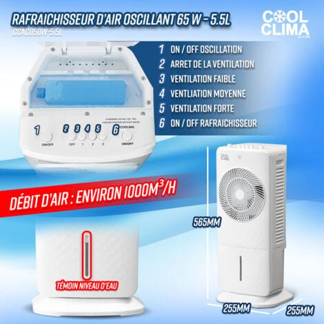 Rafraichisseur D'air Oscillant 65 W - 5.5L - Ventilateur - Humidificateur - Cool Clima 6 Rafraichisseur D'air Oscillant 65 W - 5.5L - Ventilateur - Humidificateur - Cool Clima – Image 4
