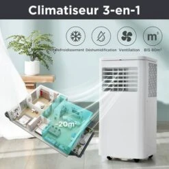 Climatiseur Mobile Silencieux 3 En 1 7000 BTU, Climatiseur Portable, Déshumidificateur, Avec Fonction D'échappement, Télécommande/APP, 3 Modes De Fonctionnement, Classe D'efficacité énergétique A -Climatiseur Et Ventilateur 95461809 3