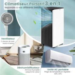 COSTWAY Climatiseur Mobile Silencieux 9000BTU 4 En 1 [Classe énergétique A] Contrôle APP Avec Refroidisseur Ventilateur Déshumidificateur Mode Veille Minuterie 24H -Climatiseur Et Ventilateur 96351024 3
